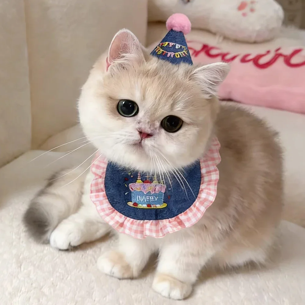 

Pet Dog Cat Denim Birthday Scarf Hat Fashion Embroidery Small Medium Pet Bib Cap for Puppy Kitten Party Decoration
