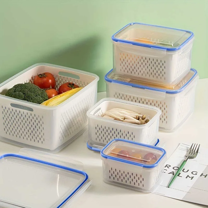 2pcs/set Plastic Bilayer Food Storage Boxes Refrigerator Fresh-keeping Vegetable Fruit Drainage Basket Kitchen Storage Container