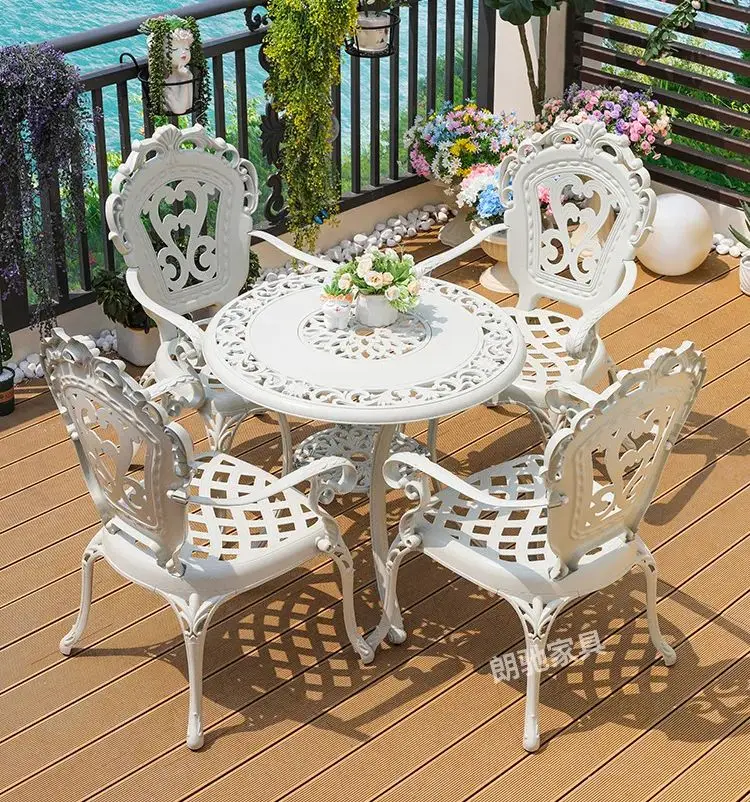 Outdoor leisure white cast aluminum table and chair combination courtyard waterproof sun-proof open-air table and chair