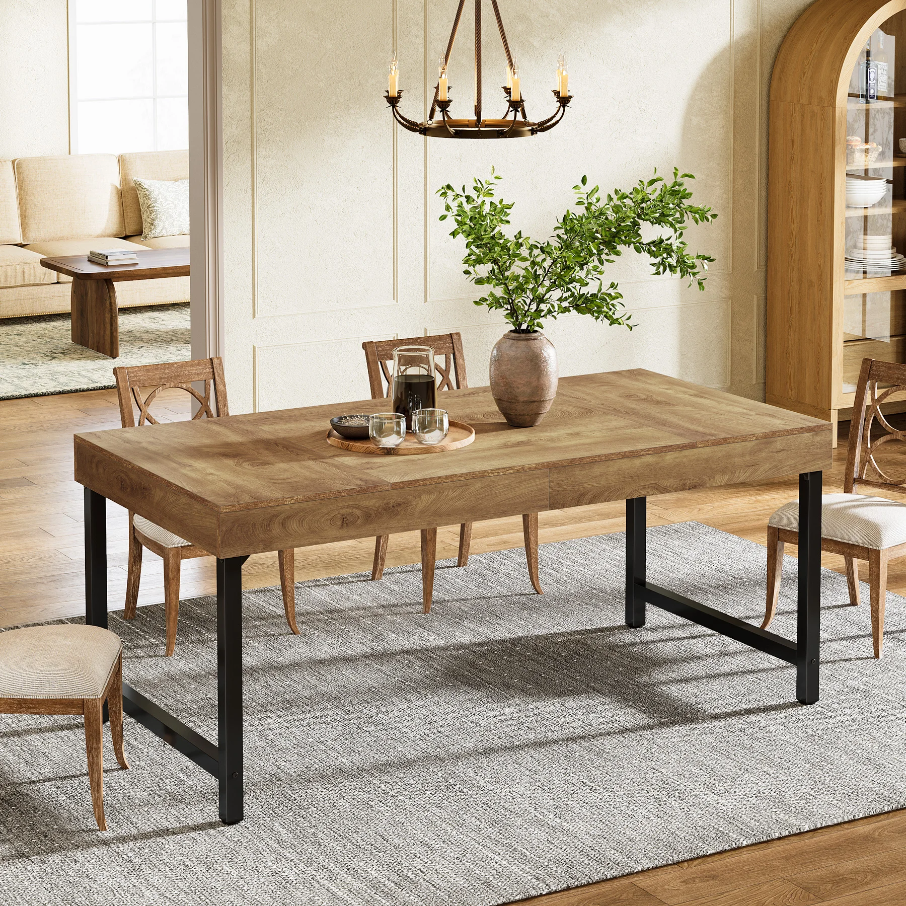 LITTLE TREE 55 inch landelijke eettafel voor 4-6 personen, industriële rechthoekige keukentafel met metalen poten