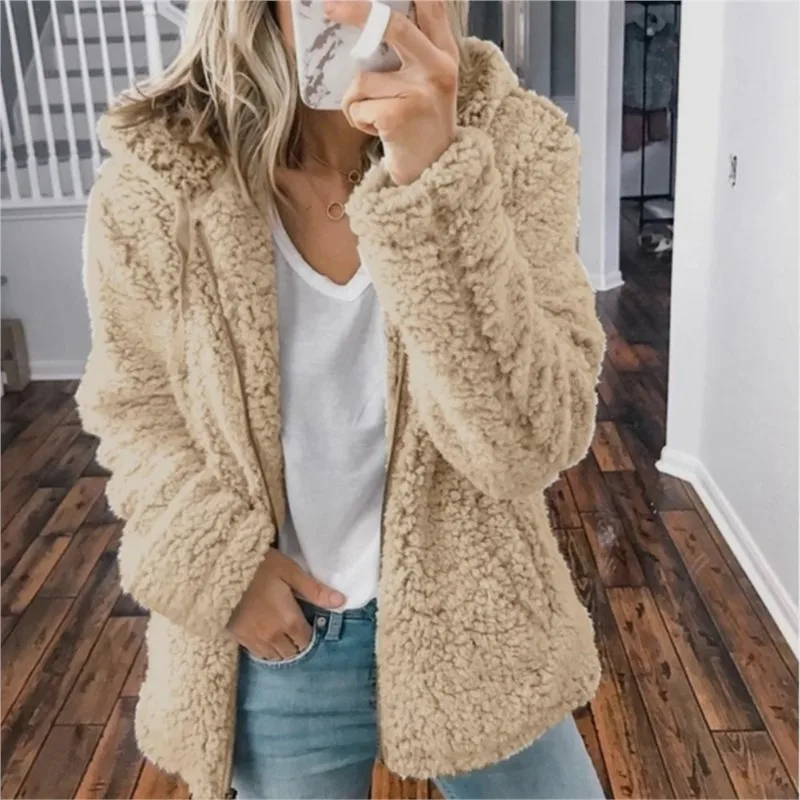 

Winter Plush Hooded Coat Women Zipper Woolen Hoodie Jackets Casual Long Sleeve Loose Solid Fleece Warm Coats Female Autumn 2025