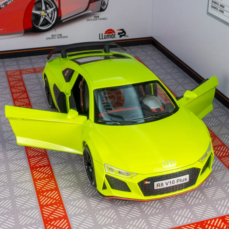 

1:24 модель автомобиля из сплава Audi R8 V10, детская игрушка со звуковой и световой обратной связью, дверь может открыть, украшение в подарок на день рождения