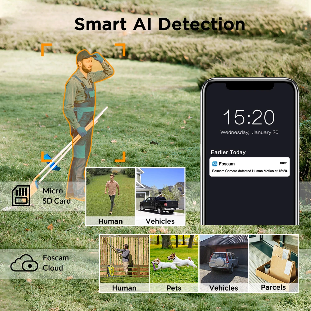 FOSCAM-cámara de seguridad IP POE para exteriores, dispositivo de vigilancia para el hogar, con detección inteligente de personas y coches, visión nocturna a Color, 5MP