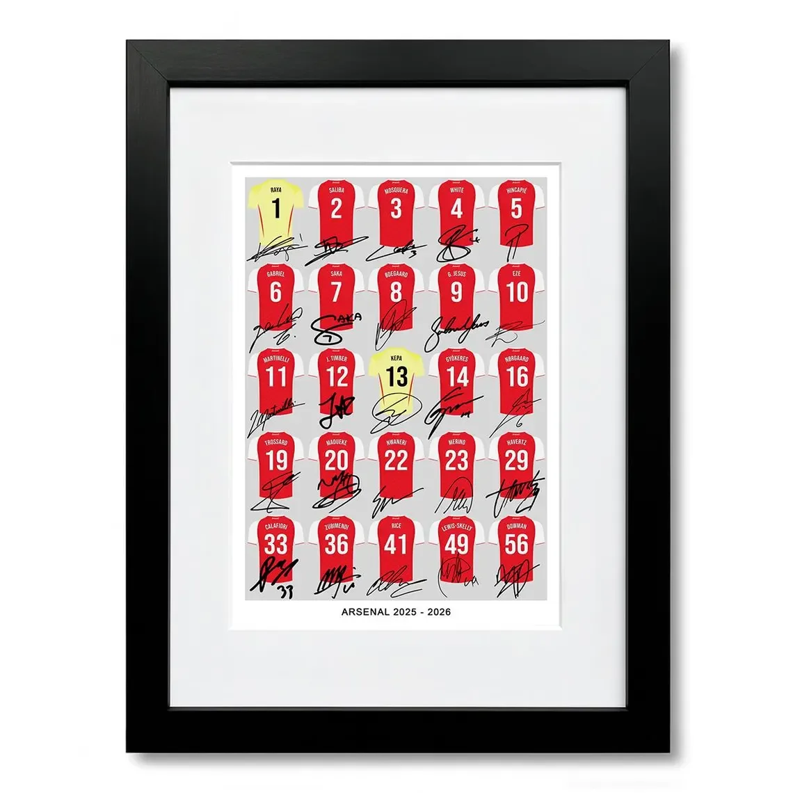 Decoração de Parede do Time Arsenal 2025-2026 - Colagem emoldurada com camisas dos jogadores (Saka, Ødegaard, Saliba, etc.) com facs