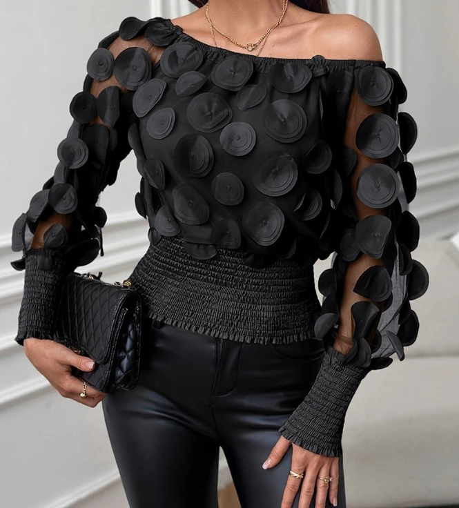 Fashion Women Blouses Floral Pattern Shirred Sheer Mesh Patch Long Sleeve Off The Shoulder Gigot Sleeve Top Female Pullover 2024