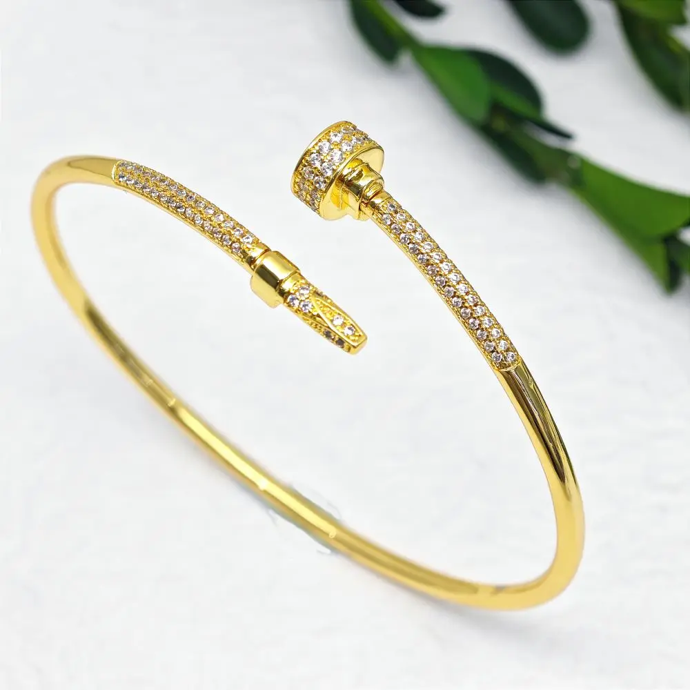 

2024 New Gold Plated Open Cuff Cz Bangle Nail Shape 5a Zircon Designer Bangle For Women Diamond Jewelry Anniversary Gifts