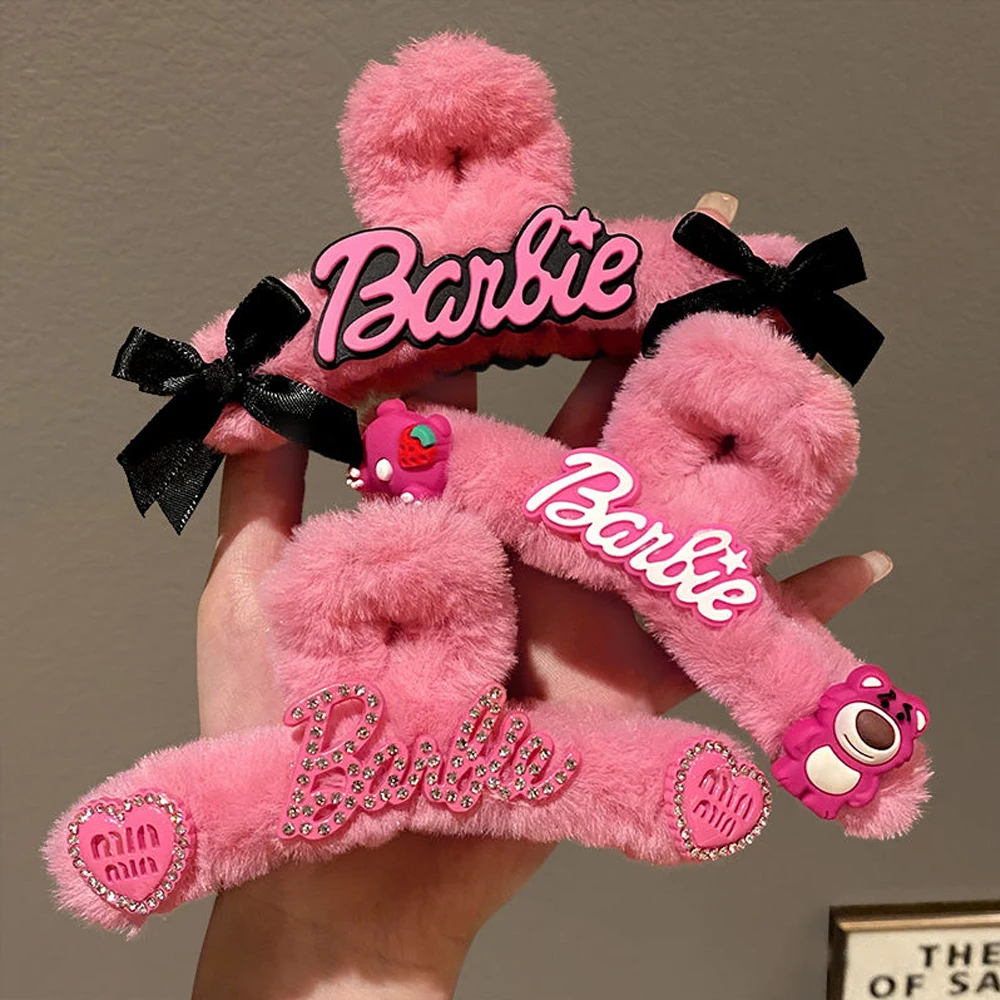 Miniso New Barbie Princess Style Plush Bow Clasp Clip Girl Back Head Hair Shark Clip Sweet Girl Cute Hairpin Pink Black Gift