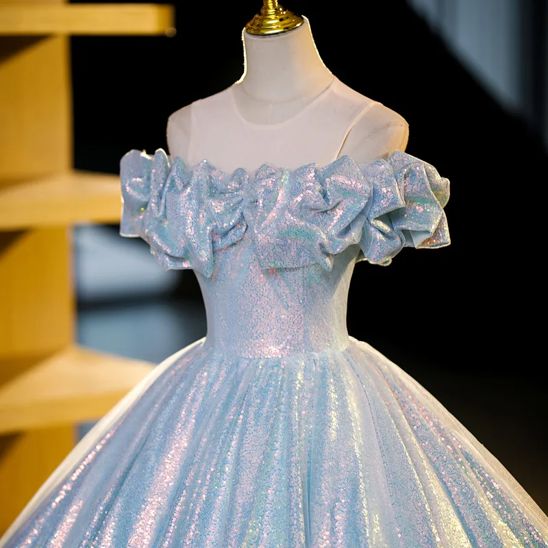 Vestido de noche de quinceañera con lentejuelas brillantes, hombros descubiertos, cuello en V, largo hasta el suelo, 15 años, 2024