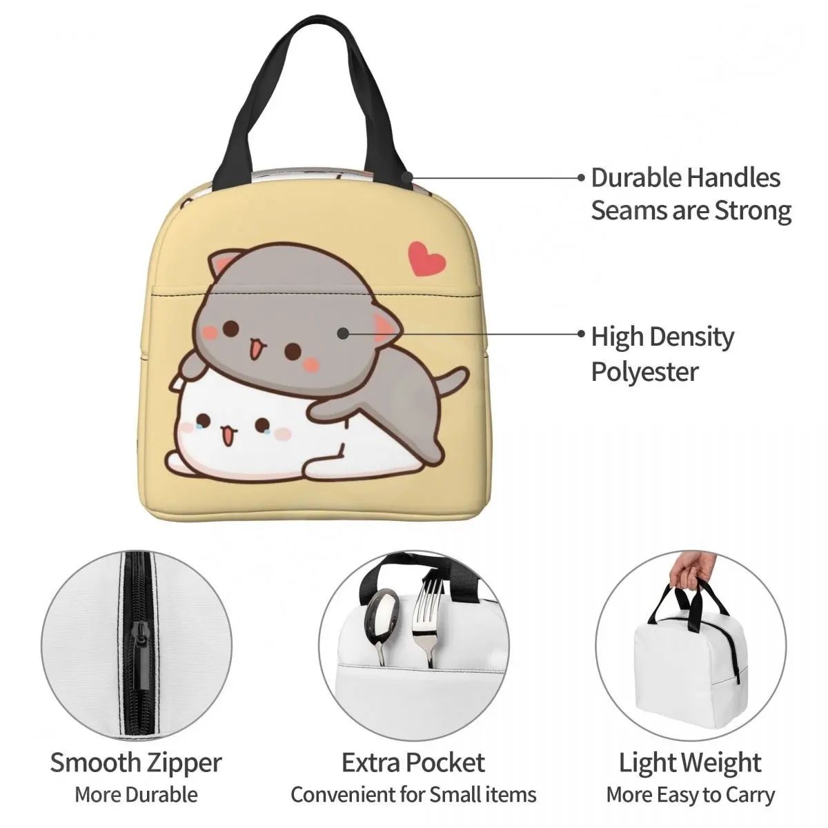 Bolsa de almuerzo con aislamiento de gato Mochi para parejas, fiambrera térmica de melocotón y Goma, bolsas de mano enfriadoras portátiles para