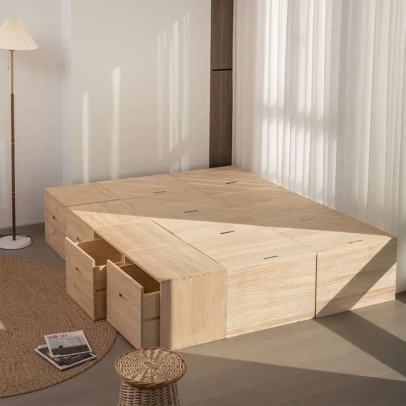 Tatami bed wooden box storage  bay window solid wood storage room bed mobile widening finishing customization