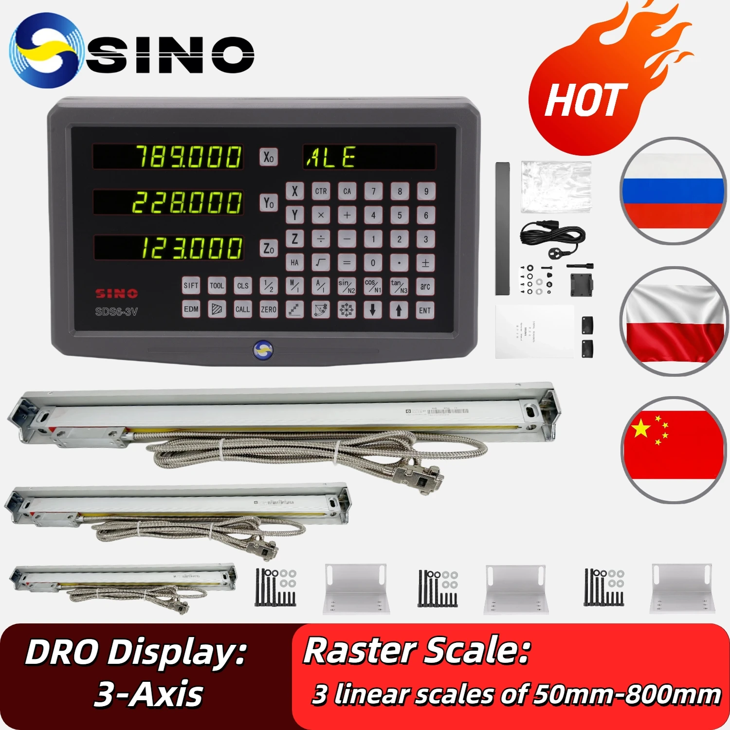 SINO CNC High Accuracy 3 Axis DRO Kit Digital Readout SDS3V and 3pcs Linear Scale Encoder Sensor Ruler For Milling Lathe Turninr