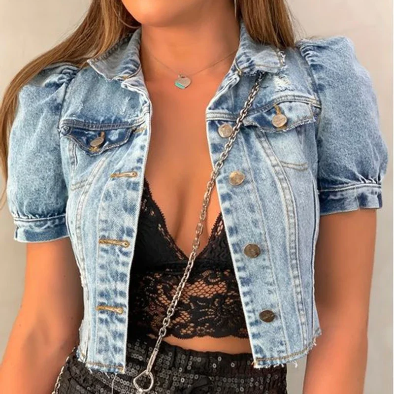 

Summer Autumn Clothes Veste Femme Chaqueta Mujer Woman Denim Jacket Short Sleeve Ripped Jeans Jacket Women