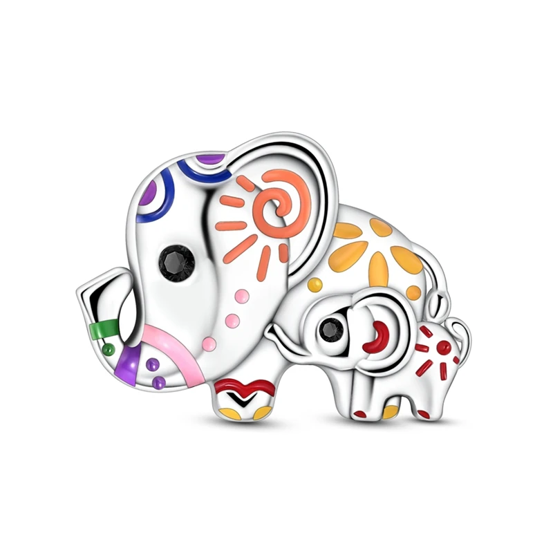 

925 Sterling Silver Charms Bead CZ Zircon Painted Parent-and-Child Elephant Dangle Fit Original Bracelet DIY Women Jewelry