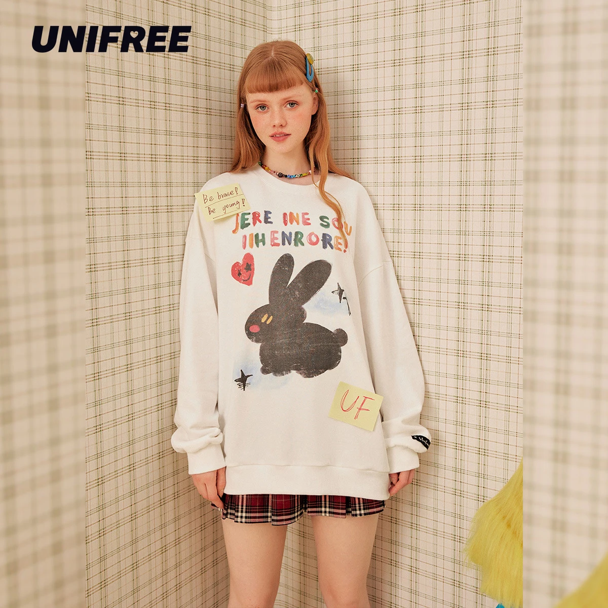 

UNIFREE Cartoon Rabbit Print Sweatshirts for Women, Cute Streetwear, Retro, Hip-Hop, Harajuku, Round Neck, Loose Pullover