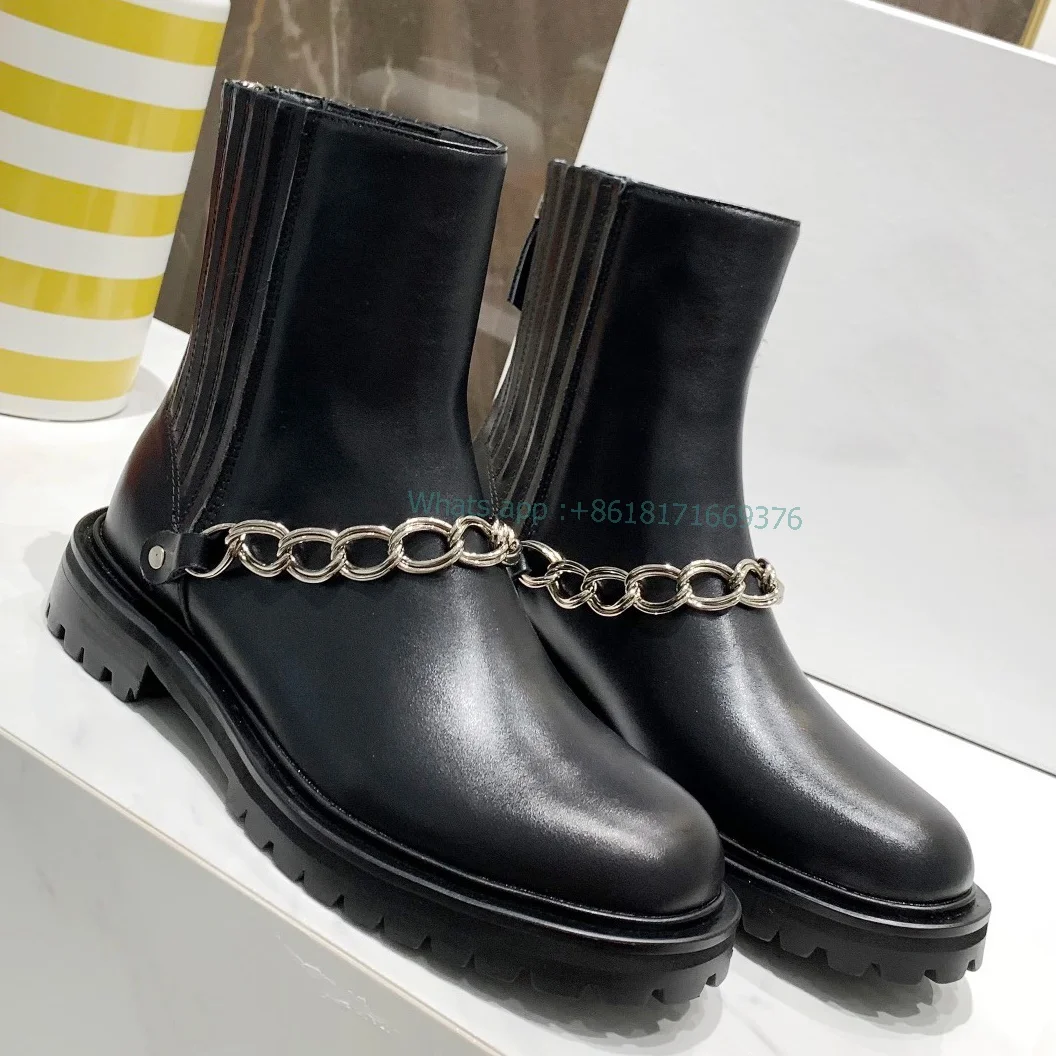 Autumn Luxury Leather Round Toe Booties Women Black Sexy Rivets Flats Ankle Boots Studed Lady Chain Shoes Fashion 2022 Design