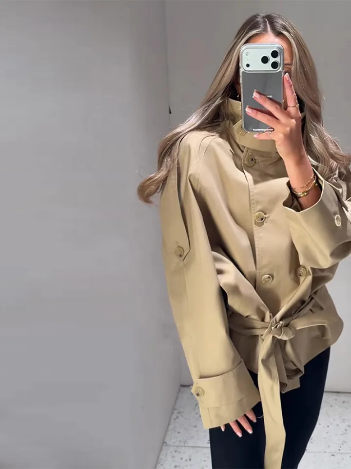 2026 Spring New Women's Belt Trench Coats Stand Collar Double