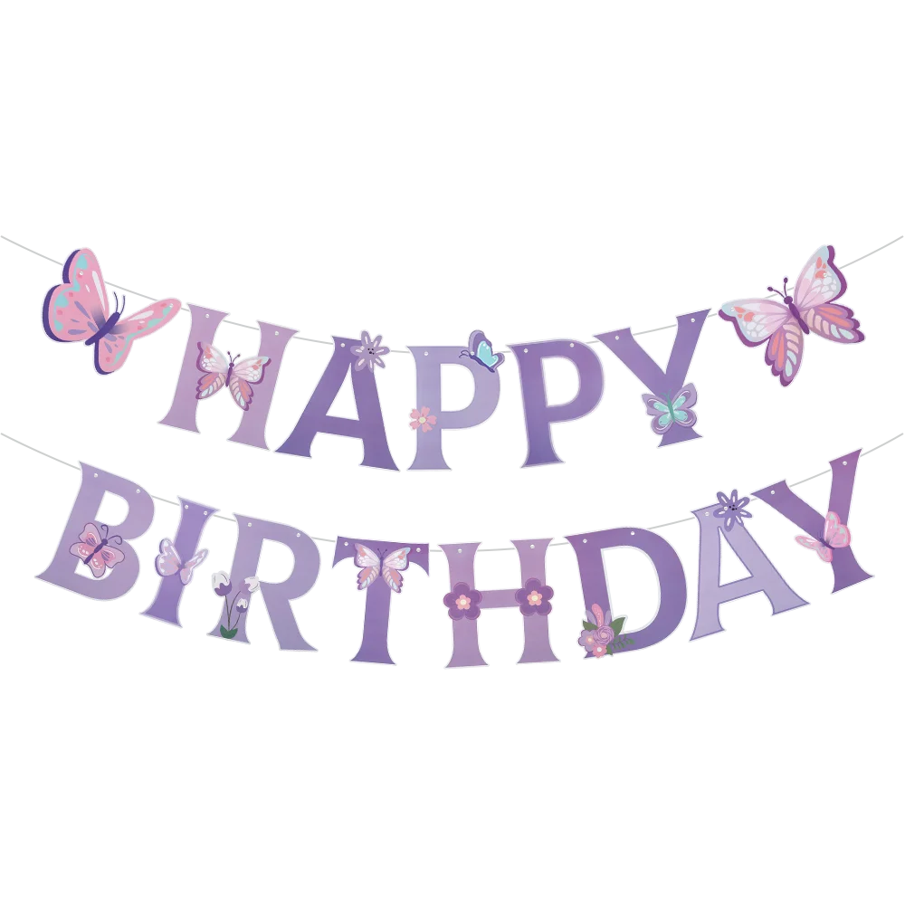 Purple Pink Butterfly Flag Cake Insert Birthday Banner Butterfly Printed Latex Global Wedding Baby Shower Birthday Party Decor