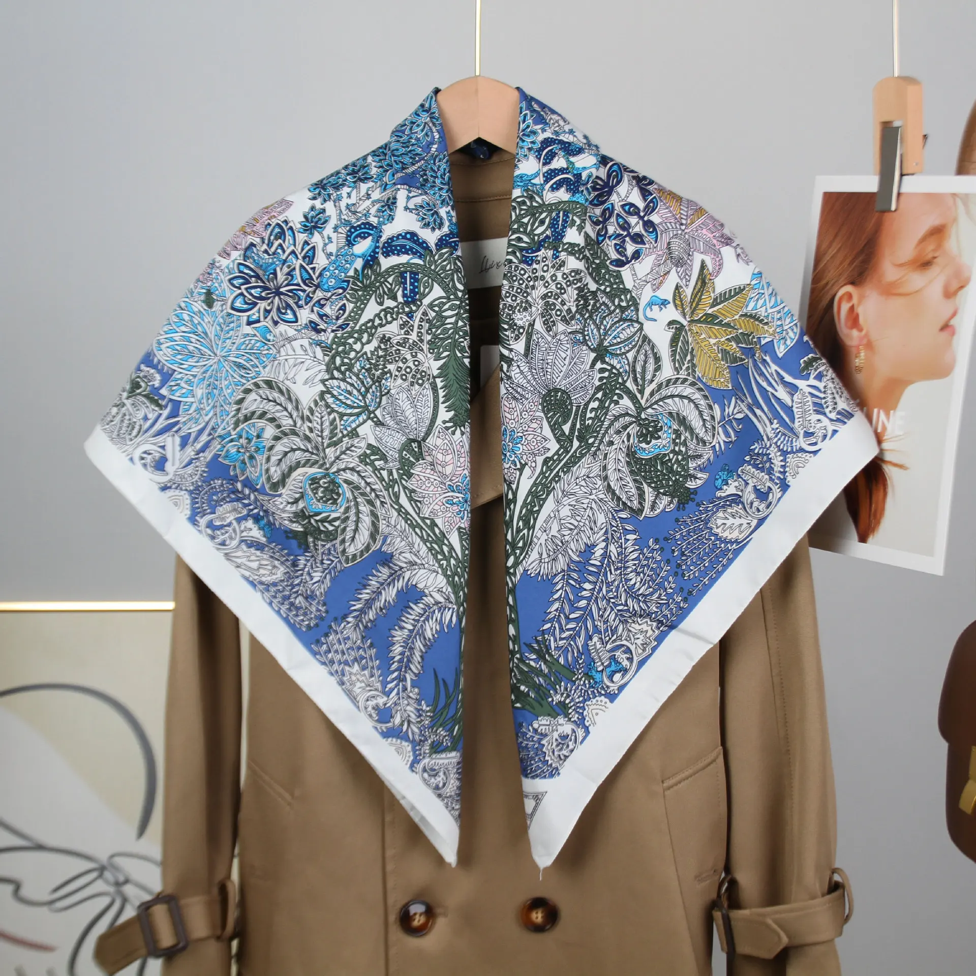 New Design Trendy Luxury Wrap Scarf, Twill Fabric Flower Print 90cm Square Scarf, High-End Silk Scarf for Women Shawl image 5