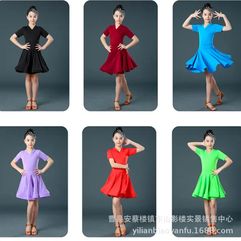 

Children's Latin dance practice outfit girls' short sleeved jumpsuit performance dress grading competition regulation outfit