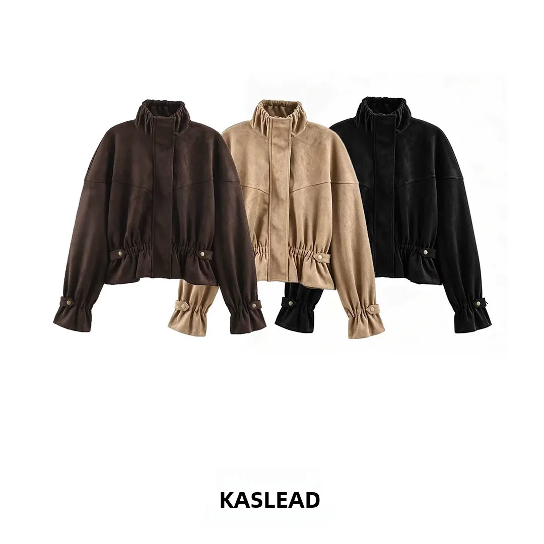 KASLEAD New Women's High-End Velvet Texture Jacket Coat Long Sleeve Short Style Polyester Fiber Zipper Closure Autumn Fashion