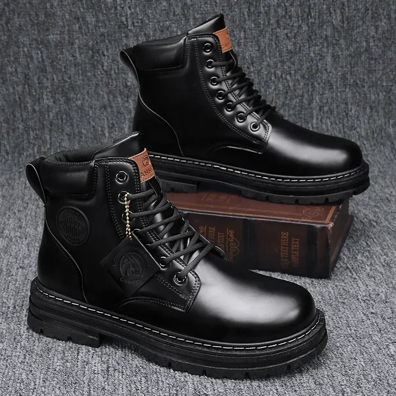 Men\'s High Top Boots Fashion Motorcycle Ankle Military Boots Men Winter Boots Men Lace-Up Leather Shoes New Male Martin Boots