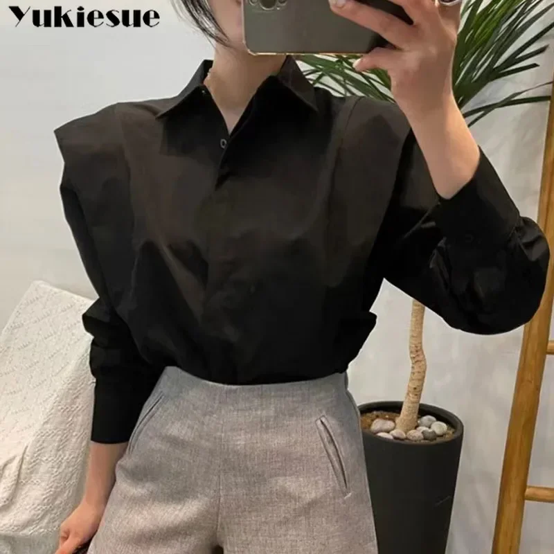 Women's Solid Temperament Korean Spring Vintage Simple Polo Snap Closure Panel Ruffles Relaxed Long Sleeve Leisure Shirt Top