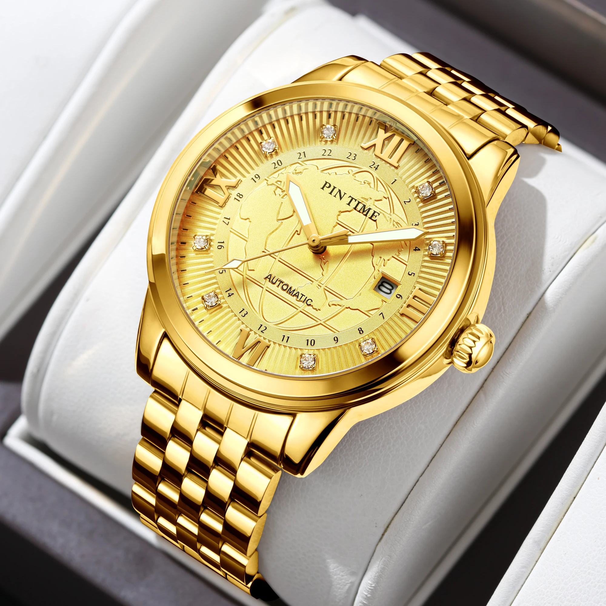 Men Business Casual Dress Gold Watch Stainless Steel Automatic Movement Mechanical  Diamond Dial Wristwatch