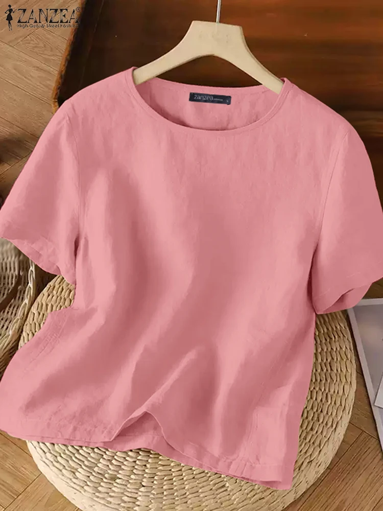 

ZANZEA 2025 Summer Womens Cotton Linen Basic T-Shirts Casual Round Neck Short Sleeve Solid Color Blouses Day Wear Blusas Mujer