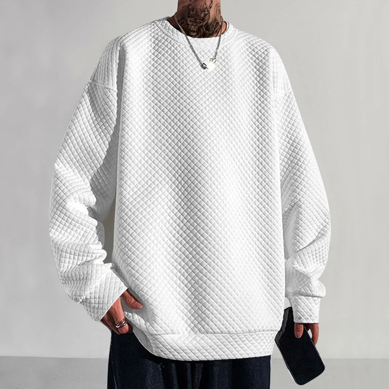 

Texture checkered round neck hoodie men spring and autumn trend heavy oversize loose pull-over top with a high-level sense