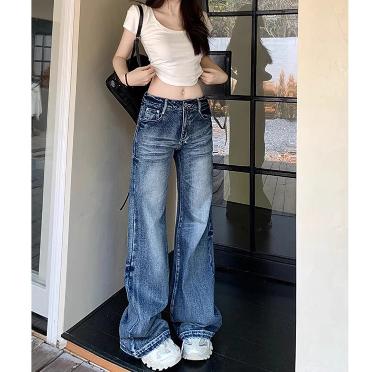 

Retro American Low Waist Wide Leg Jeans Women's Spring 2026 Loose Slimming Loose Fit Long Pants Casual Wear Cotton Stretch Denim