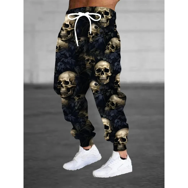 

Men's casual sports pants with drawstring waist and skull grass pattern 3D printing, winter warm and fashionable street pants