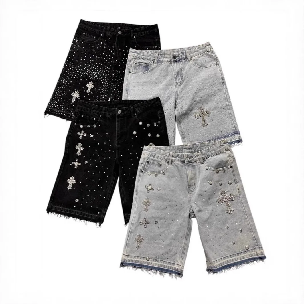 

High Street Full Diamond 2025 New Hip Hop Cross Straight Hot Diamond Denim Shorts Jeans