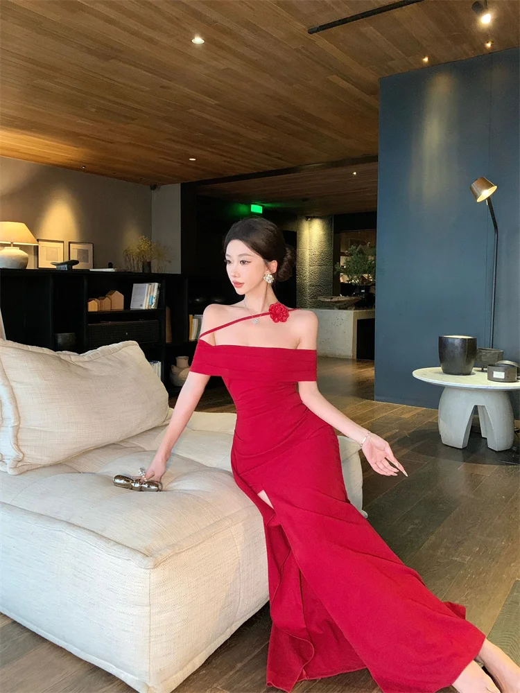 فستان مثير للحفلات على شاطئ البحر بدون حمالات على شكل زهرة للنساء أنيق بخصر نحيف وفتحة مكشوفة الأكتاف فستان أنيق برقبة مائلة باللون الأحمر #3