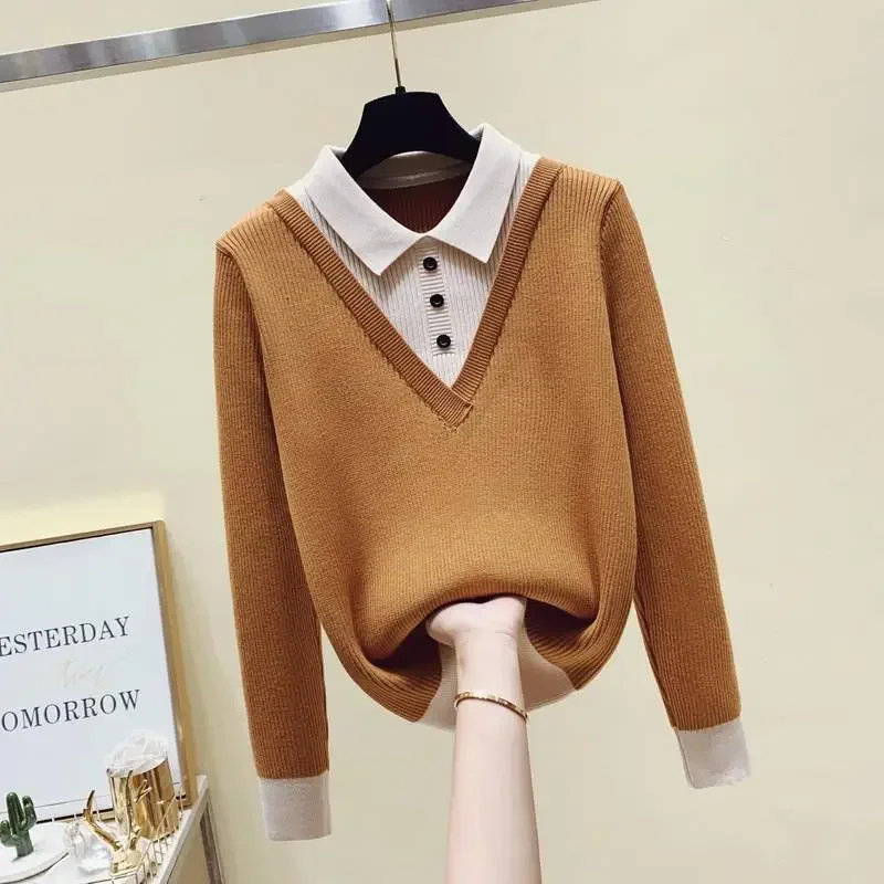 

Women's Clothing POLO Collar Splicing Fake Two Pieces Sweater for Women Autumn Winter Temperament Commuting Trendy Knitted Top