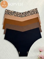 5PCS Leopard & Neutral Solid V-Waist Thongs, No Show Seamless Ultra Soft Breathable Basic Everyday Women Underwear - Image 2