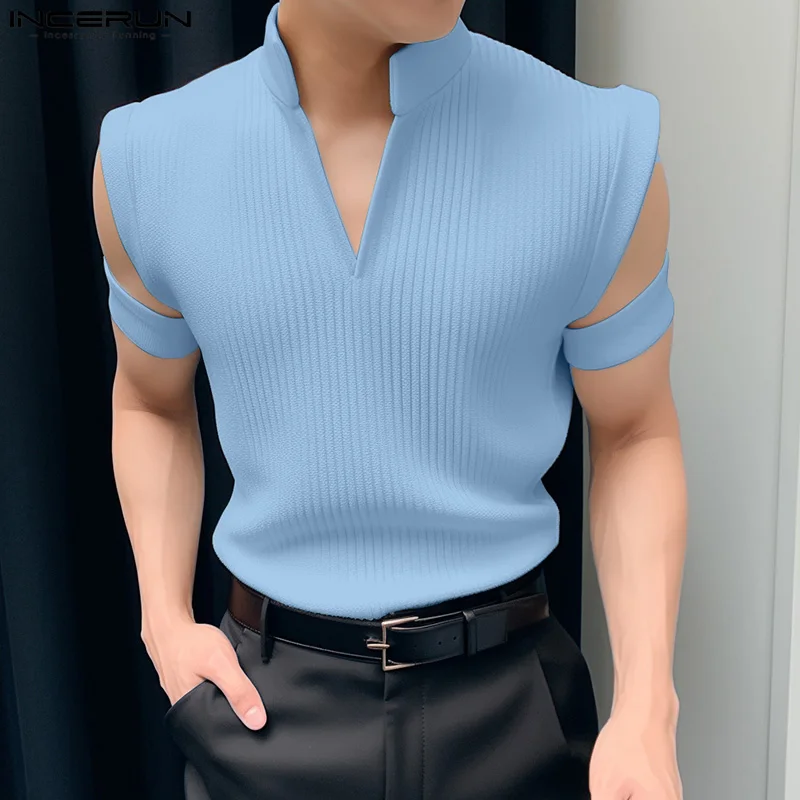 2024 Men T Shirt Solid Color V Neck Short Sleeve Hollow Out Casual Tee Tops Streetwear Summer Knitted Men Clothing S-5XL INCERUN image 2