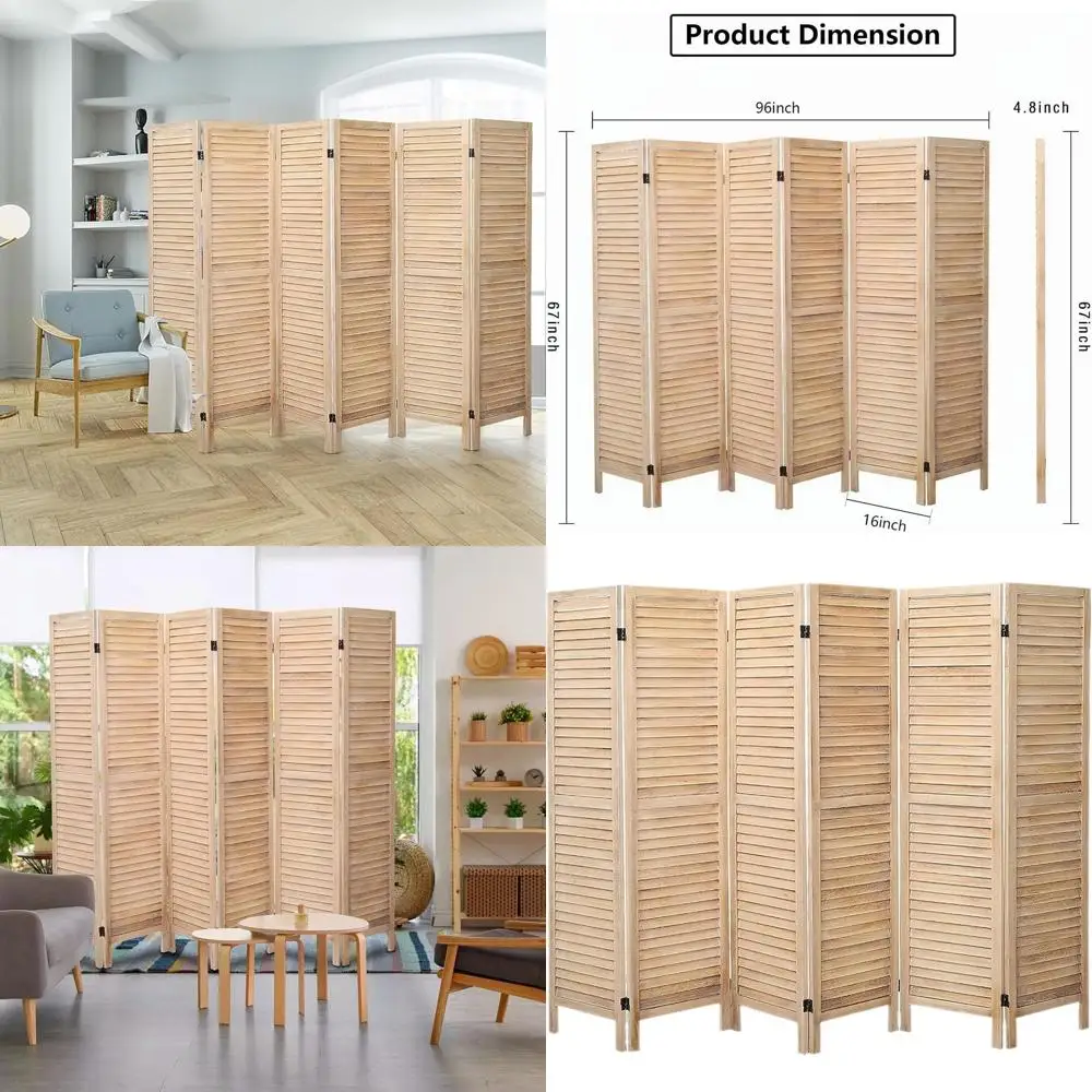 

Natural Wooden Louvered Room Dividers - 6 Panel Folding Privacy Screens for Home Office and Bedroom Separation