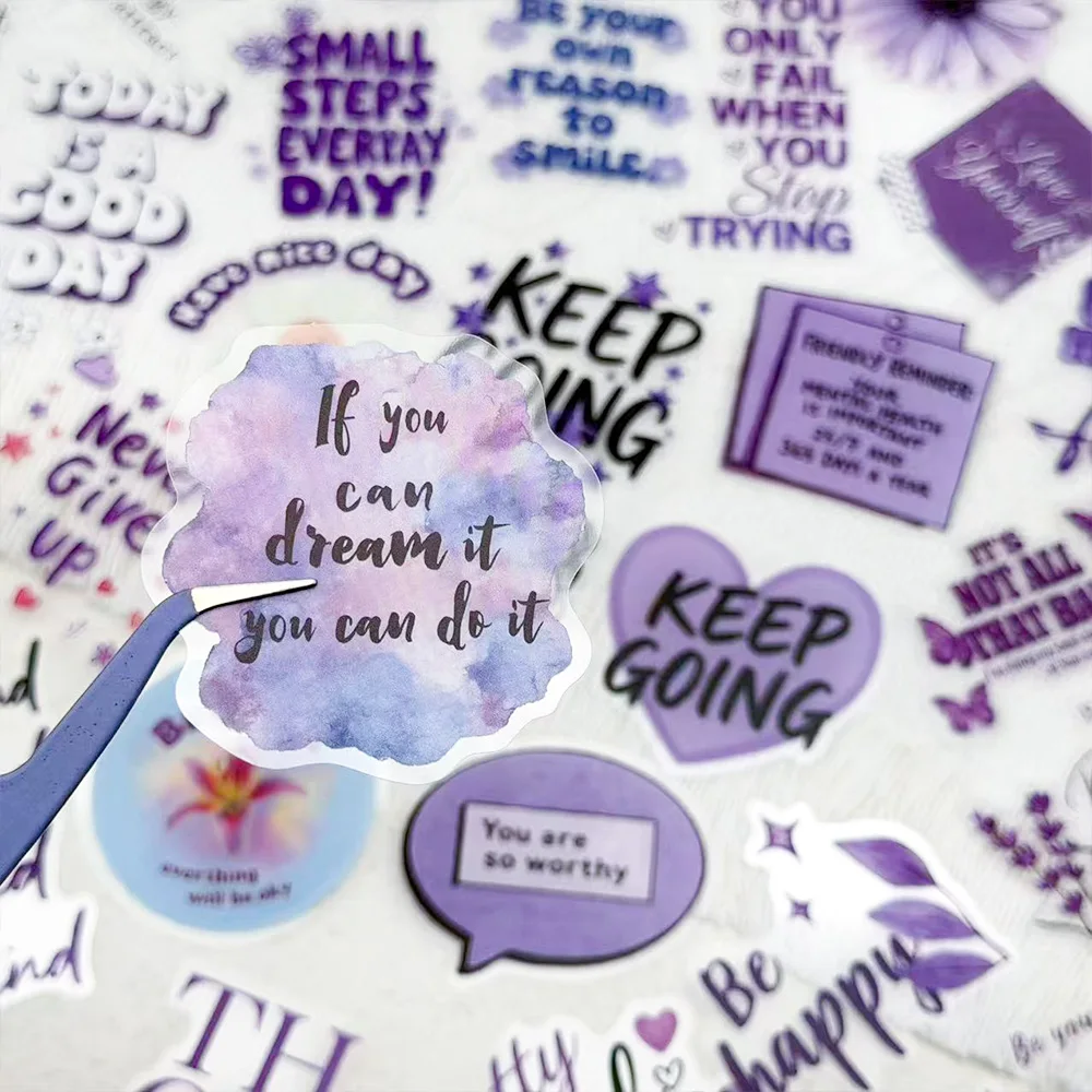 50pcs Purple Positive Encouragement Transparent PET Stickers Decals For Phone Laptop Scrapbook Helmet DIY Aesthetic Stickers