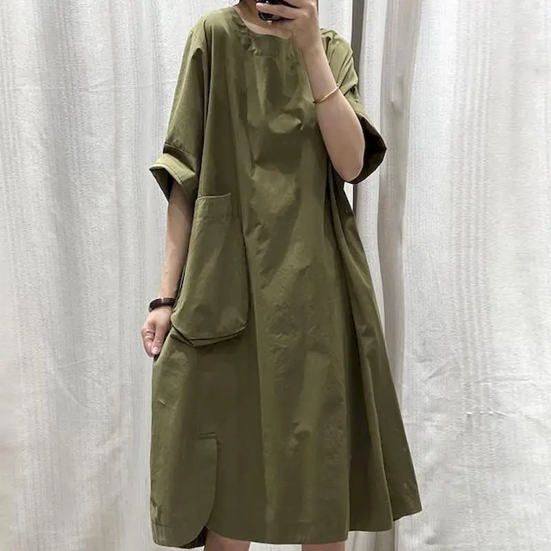 French Vintage Style Dress Women Fashion Design Loose Oversized Dresses Casual Slim A-line Short Sleeve Dress 2024 Summer Trend