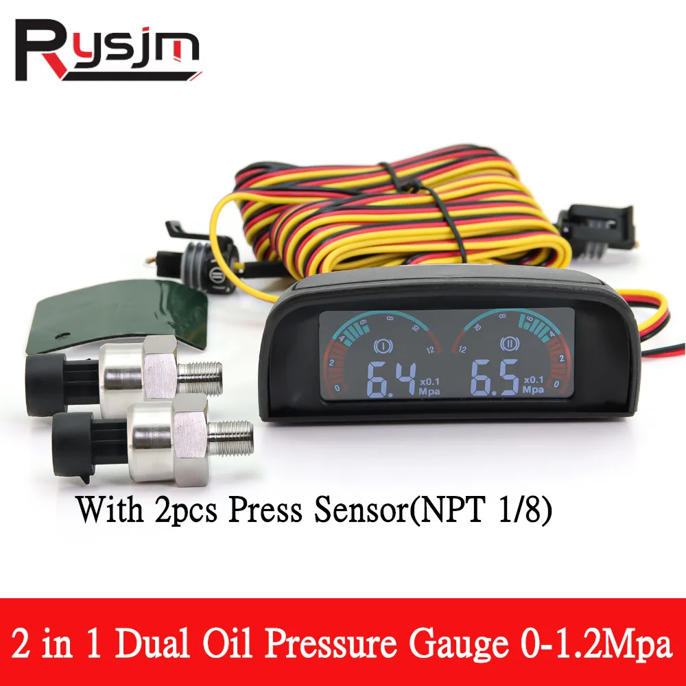 12V/24V Universal Digital 2 IN 1 Dual Car Gauge Ail Pressure Gauge Meter 0-1.2Mpa With 2PCS NPT1/8 Sensor Buzzing Flash Alarm