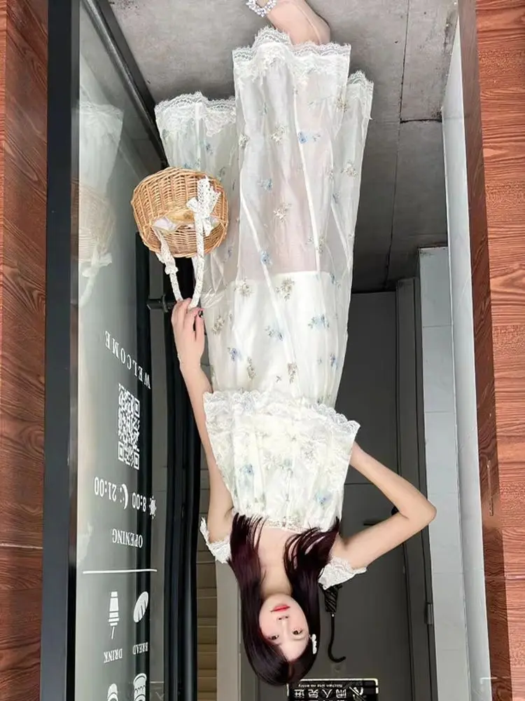 HH Donna Estate Moda Dolce Pizzo Ricamato Fiore Della Bretella Breve Top Senza Maniche + Vita Alta Temperamento Gonna Lunga Set Mujer