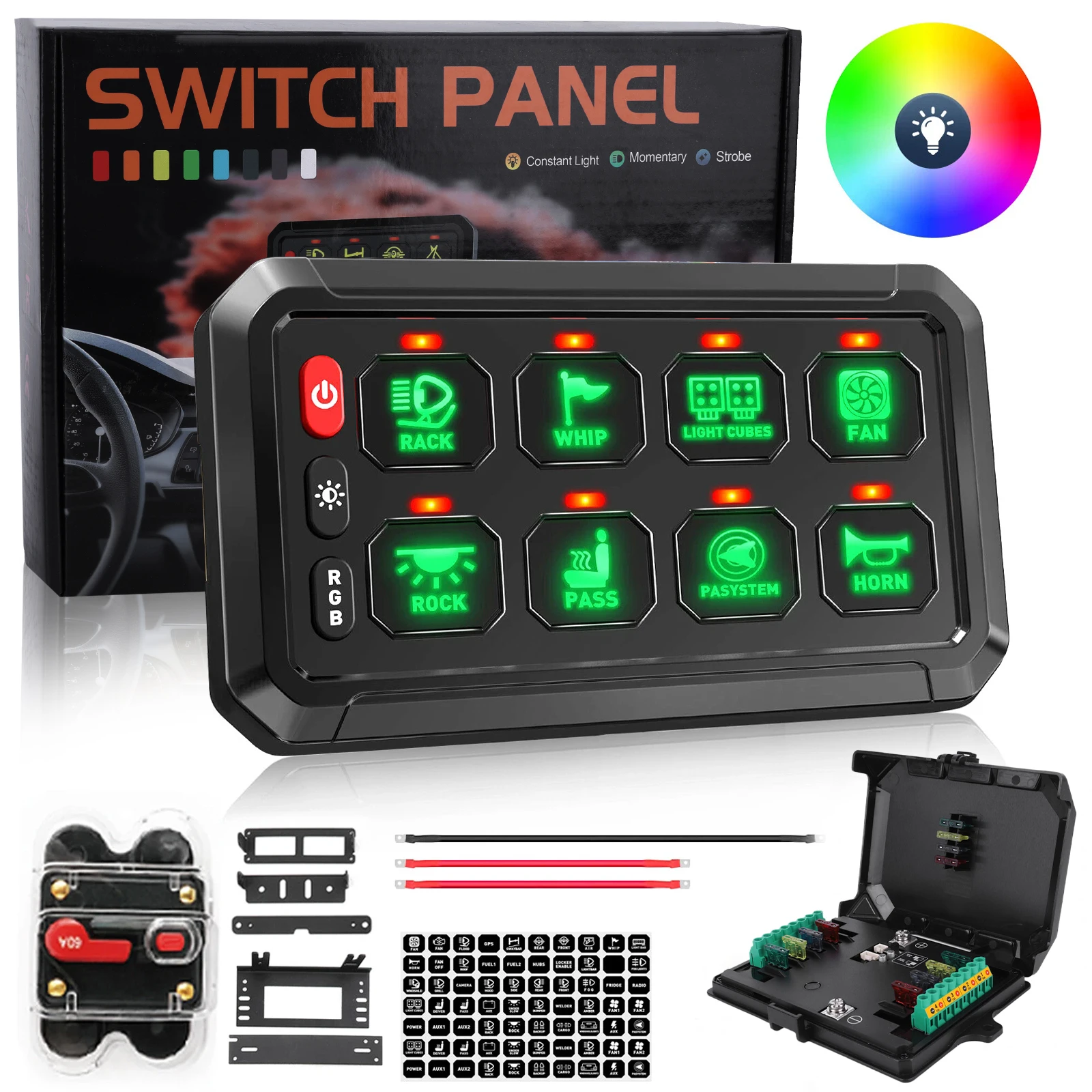 

8 Gang RGB Dimmable Switch Panel 12V Electronic Relay System Circuit Control Relay System for Car RV ATV SUV UTV Truck Marine