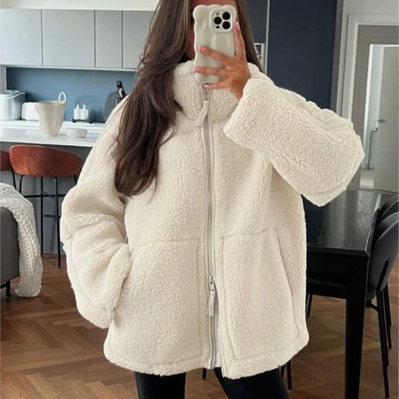 

Зима 2024, новое женское однотонное пальто из овечьей шерсти, теплая шерстяная верхняя одежда с высоким воротом в ленивом стиле, уютные холодные сезонные повседневные куртки