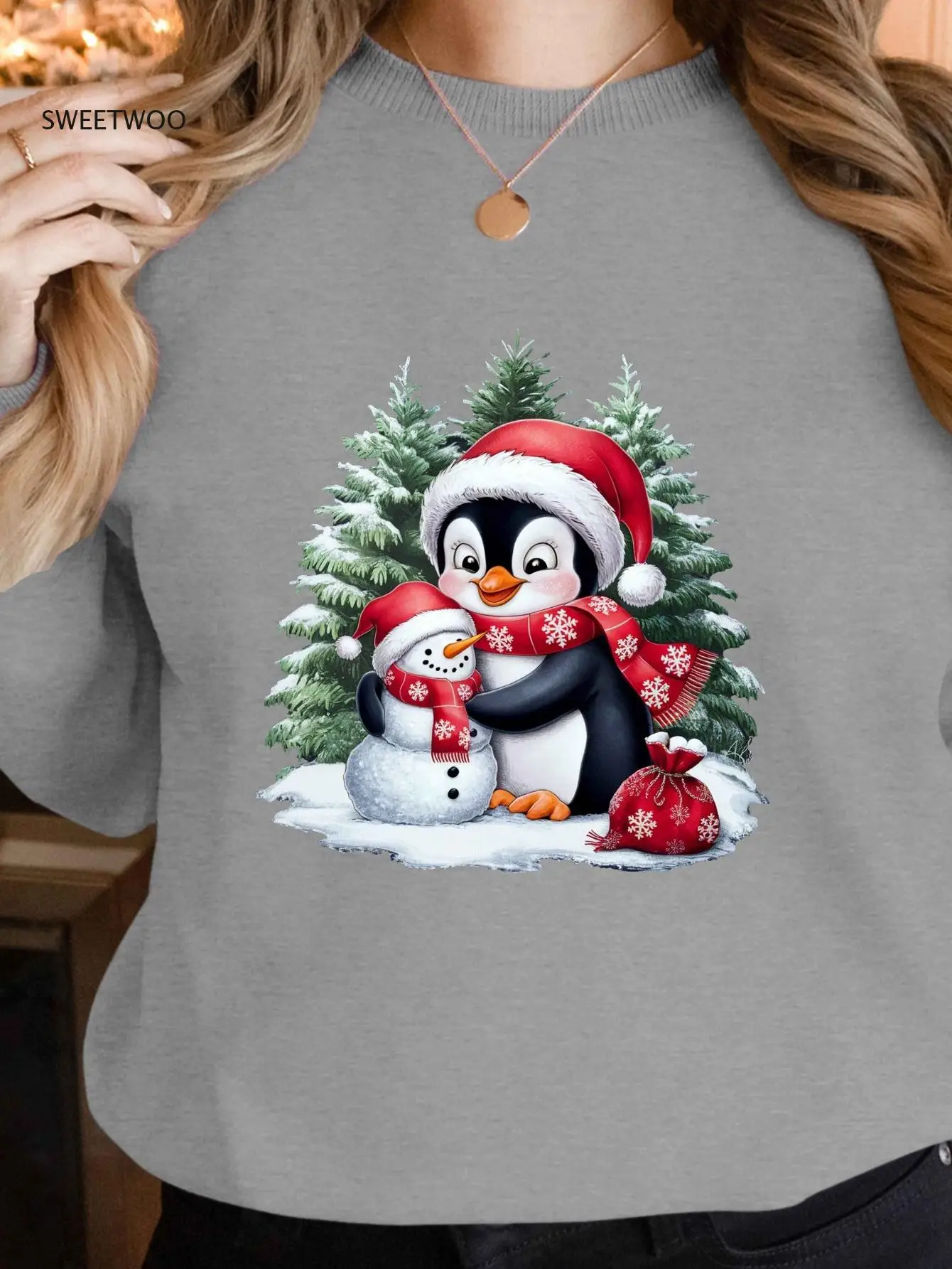 

1Pc Women's Festive Penguin and Snowman Crew Neck Sweatshirt - Casual Polyester Knit Fabric with Geometric Pattern for Winter
