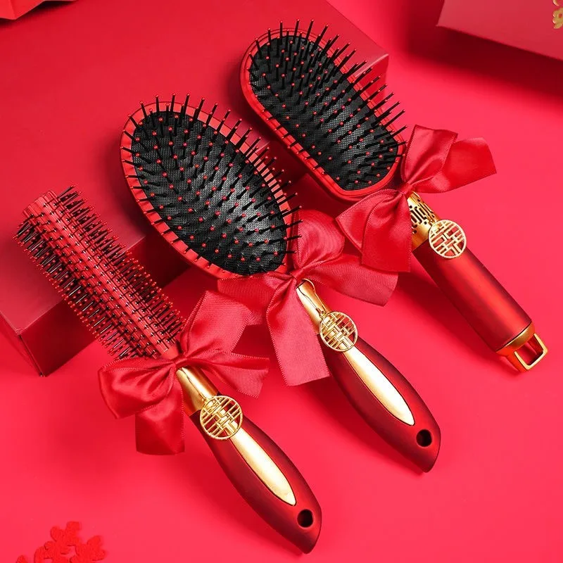 Fullset Of Bright Red Styling CombRecommended By Barber To Use Massage Scalp Air Cushiong Comb Lady Wedding Happiness Comb