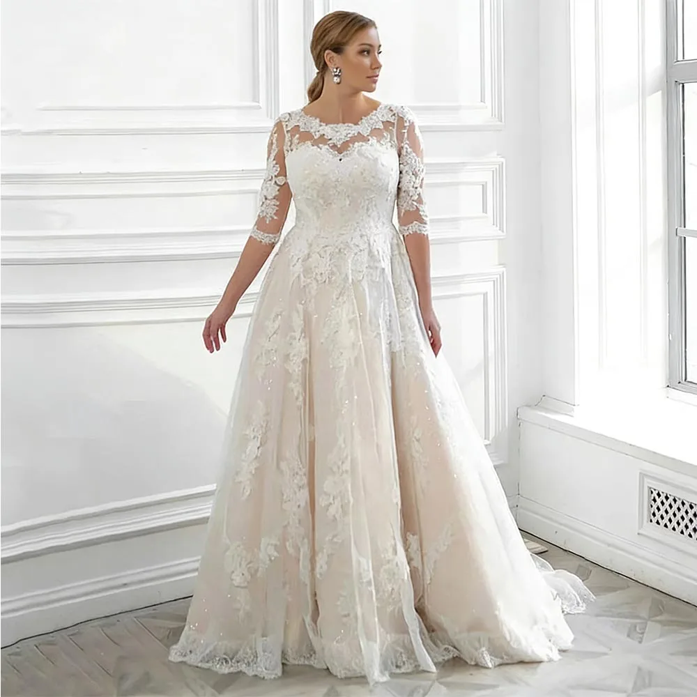 Brautkleider in Übergröße, offener Rücken, Tüll, A-Linie, Brautkleider, Spitzenapplikation, O-Ausschnitt, Dreiviertelärmel, Brautkleid, individuell gestaltet
