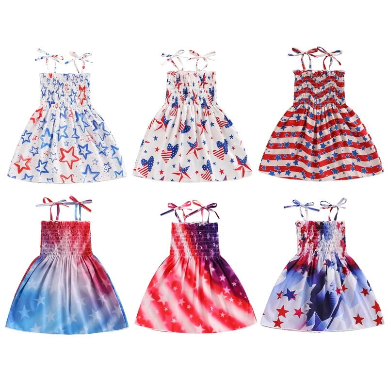 1-6y Kids Girls Spaghetti Strap Dress Star Print Casual Sleeveless Ruched Summer Princess Dress Party Wear