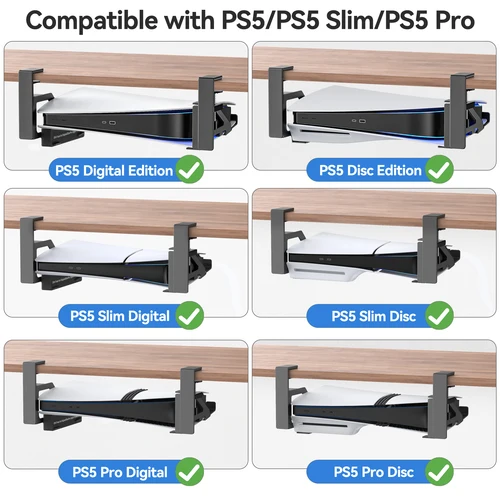 Imagen 2 del producto No-Drill PS5/PS5 Slim/PS5 Pro Soporte debajo del escritorio para PS5 Soporte digital y de disco debajo del escritorio con tornillo de montaje de abrazadera y espuma EVA para PS5