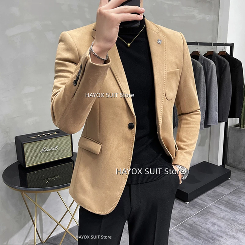 Men\'s Suit Jacket Velvet One Button Lapel Coat Fashion British Style High Quality Costume Homme For Wedding Tuxedo