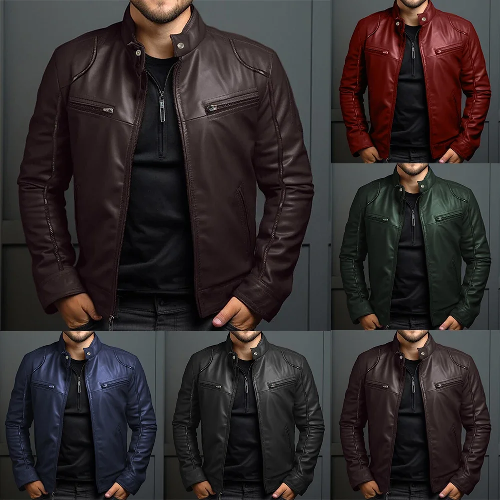 Men Autumn Winter Motorcycle Rider Stand Collar Biker Retro Slim Fit Outwear Coats Zip Jackets Long Sleeve